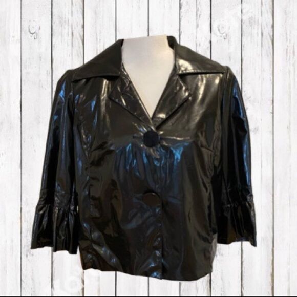 Sandro Sportswear Black Blazer Swing Bell Sleeve Vinyl Look Jacket Size Small - Picture 1 of 16